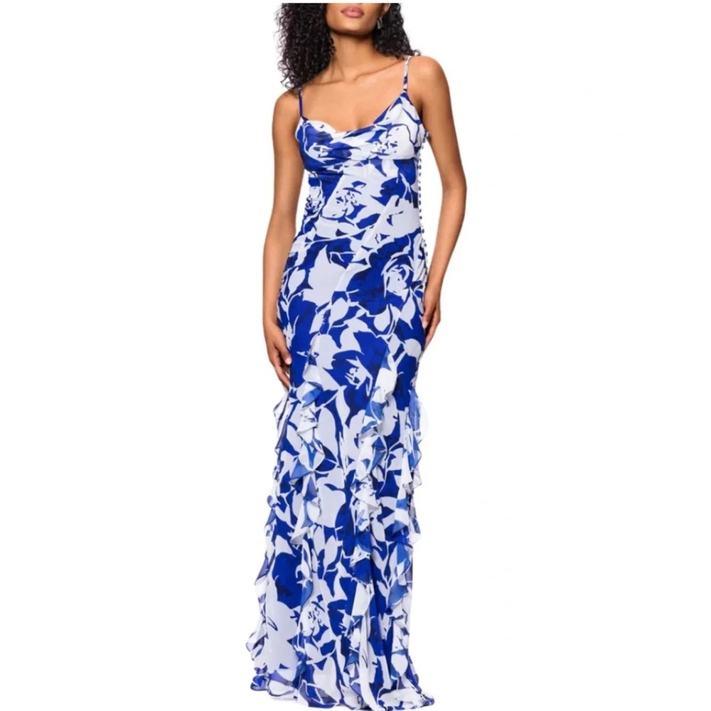 New Betsy & Adam Cowl Neck Floral Maxi Dress 8 White/Blue Wedding Guest Event